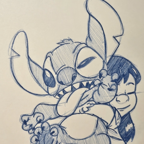 Disney Lilo and Stitch hugging drawing/sketch animation art signed Handmade - Picture 4 of 6